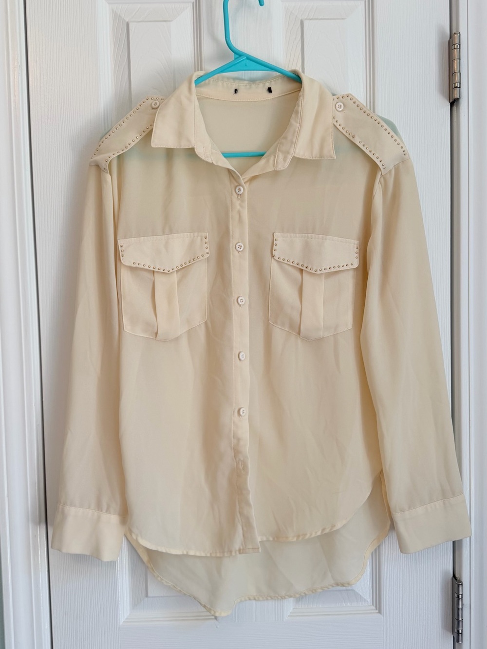 Ivory Button-Up Blouse with Studded Pocket Flaps